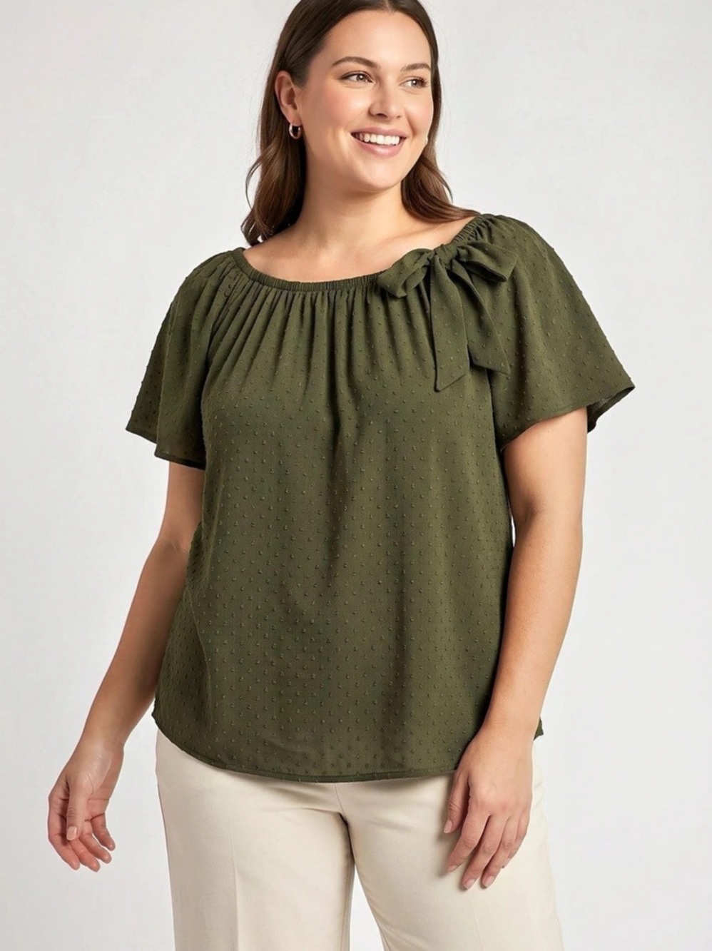 Liz McCoy Olive Short Sleeve Blouse Size XL Like New